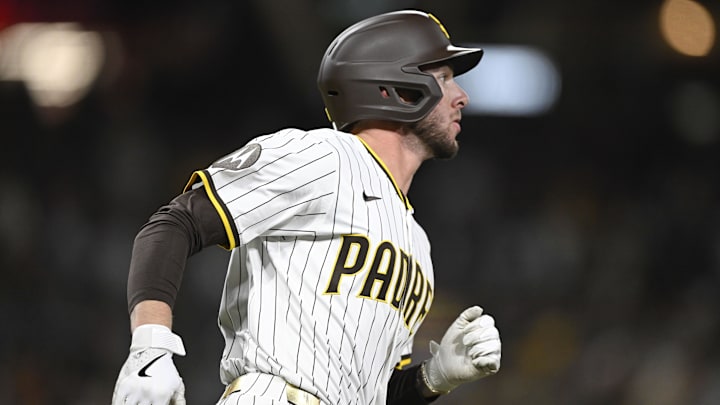 Apr 1, 2025; San Diego, California, USA; San Diego Padres center fielder Jackson Merrill (3) rounds the bases after hitting a solo home run during the fourth inning against the Cleveland Guardians at Petco Park. Mandatory Credit: Denis Poroy-Imagn Images