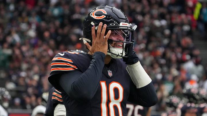 Oct 13, 2024; London, United Kingdom; Chicago Bears quarterback Caleb Williams (18) celebrates after a touchdown against the Jacksonville Jaguars in the second half during an NFL International Series game at Tottenham Hotspur Stadium. Mandatory Credit: Kirby Lee-Imagn Images