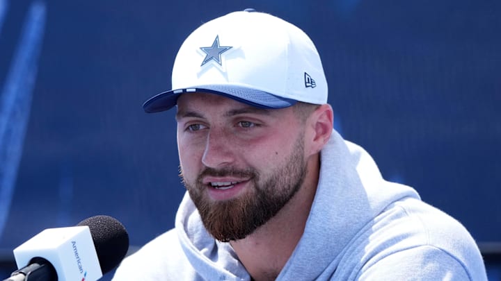 Dallas Cowboys tight end Jake Ferguson at training camp press conference at the River Ridge Fields. Dallas Cowboys tight end Jake Ferguson at training camp press conference at the River Ridge Fields.