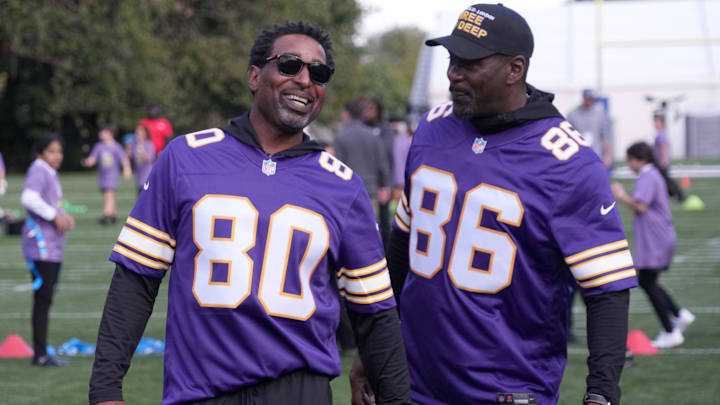 Oct 4, 2024; Watford, United Kingdom; Minnesota Vikings former receivers Cris Carter (80) and Jake Reed (86) at the NFL flag football event at The Grove. Oct 4, 2024; Watford, United Kingdom; Minnesota Vikings former receivers Cris Carter (80) and Jake Reed (86) at the NFL flag football event at The Grove.