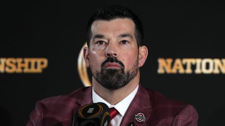 Jan 19, 2025; Atlanta, GA, USA; Ohio State Buckeyes head coach Ryan Day during College Football Playoff National Championship press conference at The Westin Peachtree Plaza, Savannah Ballroom. Mandatory Credit: Kirby Lee-Imagn Images