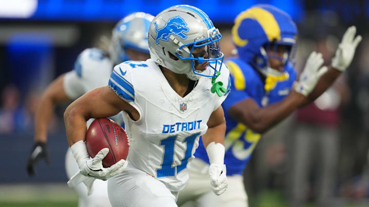 Detroit Lions wide receiver Kalif Raymond (11) runs with the ball during the second quarter against the Los Angeles Rams at SoFi Stadium.