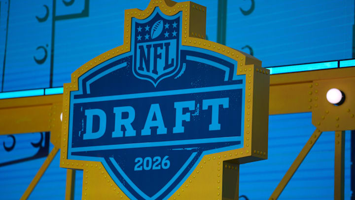 Apr 23, 2026; Pittsburgh, PA, USA;  The 2026 NFL Draft logo on the theater stage at Acrisure Stadium. Mandatory Credit: Kirby Lee-Imagn Images