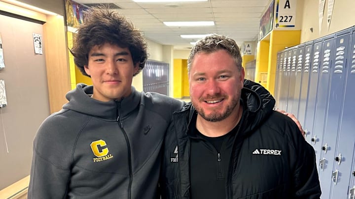 2026 placekicker Aidan O'Neill alongside Boston College special teams coordinator Matt Thurin