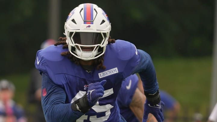 Buffalo Bills linebacker Shaq Thompson runs towards a player during practice at St. John Fisher University in Pittsford on July 31, 2025.