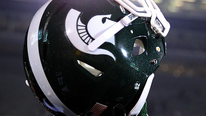 Aug 30, 2013; East Lansing, MI, USA;  Close up view of Michigan State Spartans helmet after a game