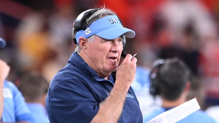 Oct 31, 2025; Syracuse, New York, USA; North Carolina Tar Heels head coach Bill Belichick on the sidelines in the second quarter against the Syracuse Orange at the JMA Wireless Dome. Mandatory Credit: Mark Konezny-Imagn Images