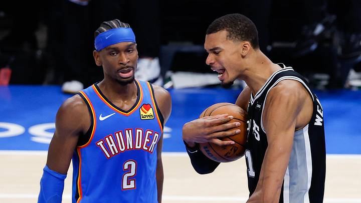 Spurs center Victor Wembanyama reacts in double overtime against the Thunder.