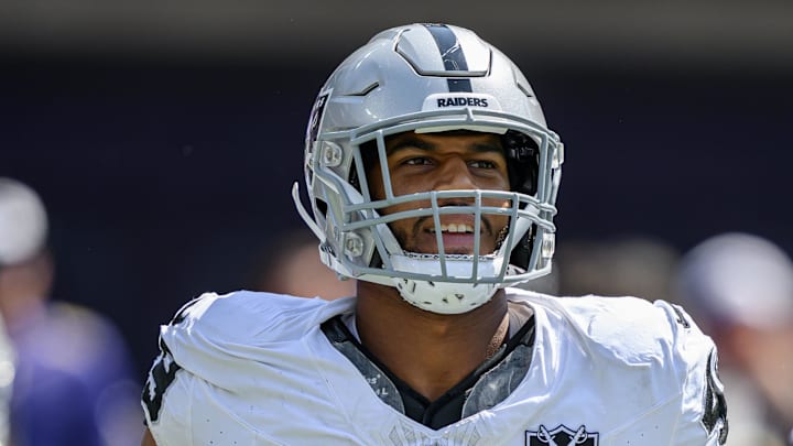 Sep 15, 2024; Baltimore, Maryland, USA; Las Vegas Raiders defensive end Charles Snowden (49) jogs on the field before the game against the Baltimore Ravens at M&T Bank Stadium. Mandatory Credit: Reggie Hildred-Imagn Images Sep 15, 2024; Baltimore, Maryland, USA; Las Vegas Raiders defensive end Charles Snowden (49) jogs on the field before the game against the Baltimore Ravens at M&T Bank Stadium. Mandatory Credit: Reggie Hildred-Imagn Images