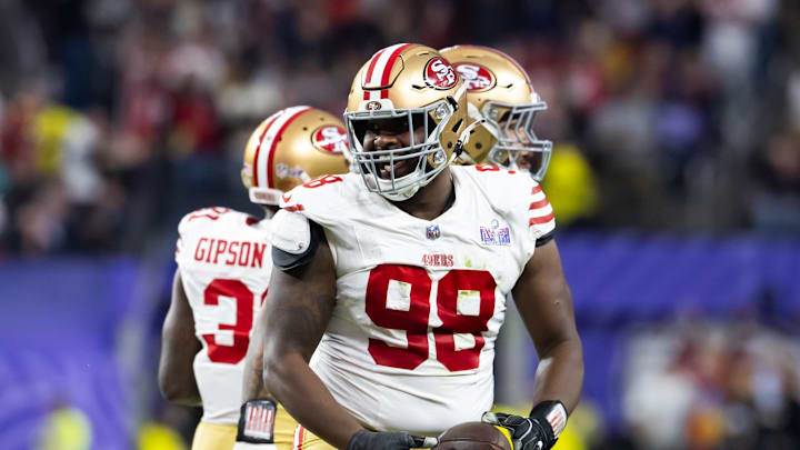 Feb 11, 2024; Paradise, Nevada, USA; San Francisco 49ers defensive tackle Javon Hargrave (98) celebrates a fumble recovery against the Kansas City Chiefs in Super Bowl LVIII at Allegiant Stadium. Mandatory Credit: Mark J. Rebilas-Imagn Images Feb 11, 2024; Paradise, Nevada, USA; San Francisco 49ers defensive tackle Javon Hargrave (98) celebrates a fumble recovery against the Kansas City Chiefs in Super Bowl LVIII at Allegiant Stadium. Mandatory Credit: Mark J. Rebilas-Imagn Images