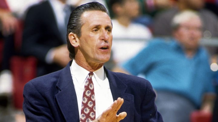 Unknown date & location, USA: FILE PHOTO; New York Knicks head coach Pat Riley on the sideline during the 1992 season. Mandatory Credit: Imagn Images