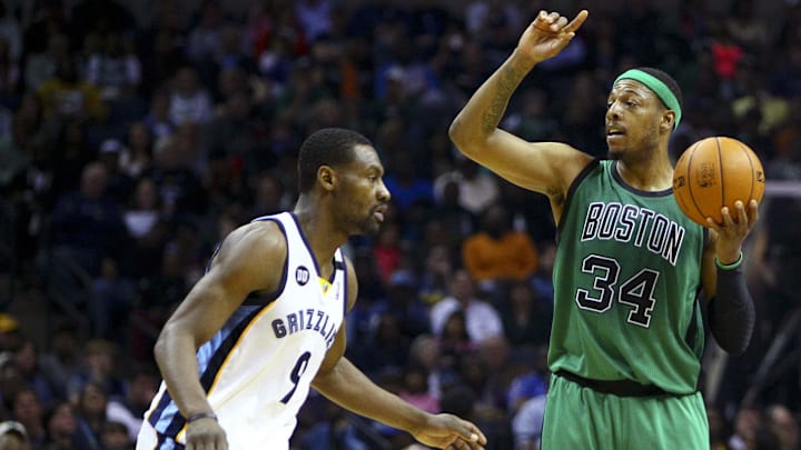 Mar 23, 2013; Memphis, TN, USA; Boston Celtics small forward Paul Pierce (34) sets the play while guarded by Memphis Grizzlies shooting guard Tony Allen (9) during the game at FedEx Forum. Memphis Grizzlies defeat the Boston Celtics 110-106. Mandatory Credit: Spruce Derden-Imagn Images Mar 23, 2013; Memphis, TN, USA; Boston Celtics small forward Paul Pierce (34) sets the play while guarded by Memphis Grizzlies shooting guard Tony Allen (9) during the game at FedEx Forum. Memphis Grizzlies defeat the Boston Celtics 110-106. Mandatory Credit: Spruce Derden-Imagn Images