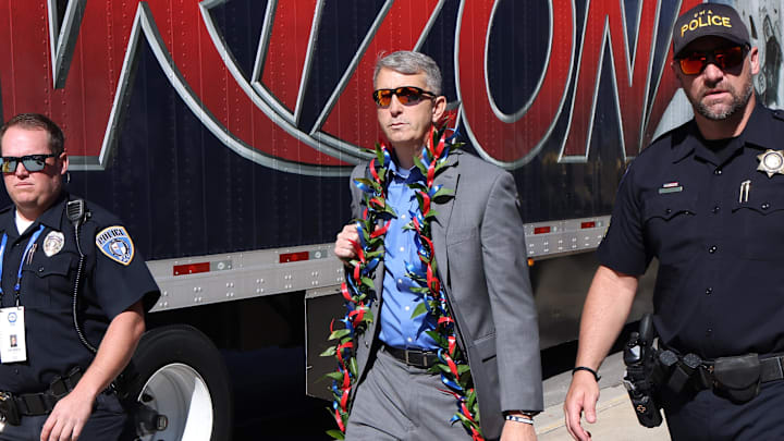 Oct 12, 2024; Provo, Utah, USA; Arizona Wildcats head coach Brent Brennan arrives before the game against the Brigham Young Cougars at LaVell Edwards Stadium. Mandatory Credit: Rob Gray-Imagn Images