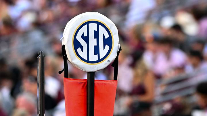 A detailed view of the SEC logo on a chain marker during a college football game between the Texas A&M Aggies and the Auburn Tigers A detailed view of the SEC logo on a chain marker during a college football game between the Texas A&M Aggies and the Auburn Tigers