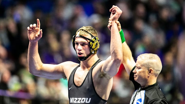 Missouri's Rocky Elam has his hand raised after his match at 197 pounds in the quarterfinals during the third session of the NCAA Division I Wrestling Championships, Friday, March 17, 2023, at BOK Center in Tulsa, Okla.
230317 Ncaa S3 Wr 050 Jpg Missouri's Rocky Elam has his hand raised after his match at 197 pounds in the quarterfinals during the third session of the NCAA Division I Wrestling Championships, Friday, March 17, 2023, at BOK Center in Tulsa, Okla.
230317 Ncaa S3 Wr 050 Jpg