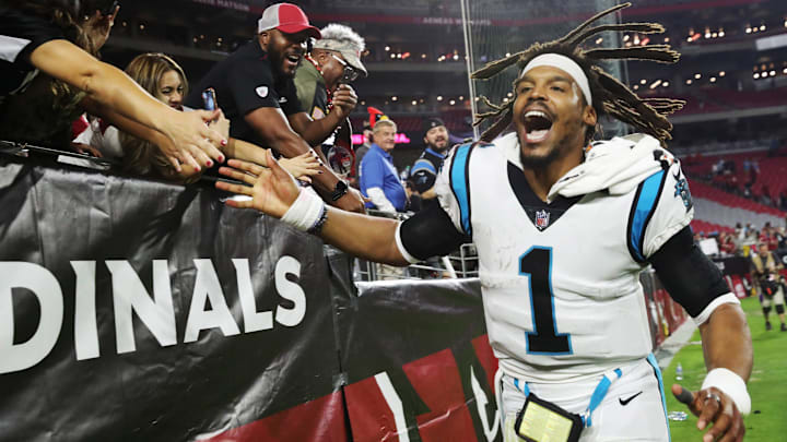 Carolina Panthers quarterback Cam Newton (1) celebrates after beating the Arizona Cardinals 34-10 at State Farm Stadium in Glendale, Arizona, on Nov. 14, 2021.

Nfl Cardinals Vs Panthers Carolina Panthers At Arizona Cardinals