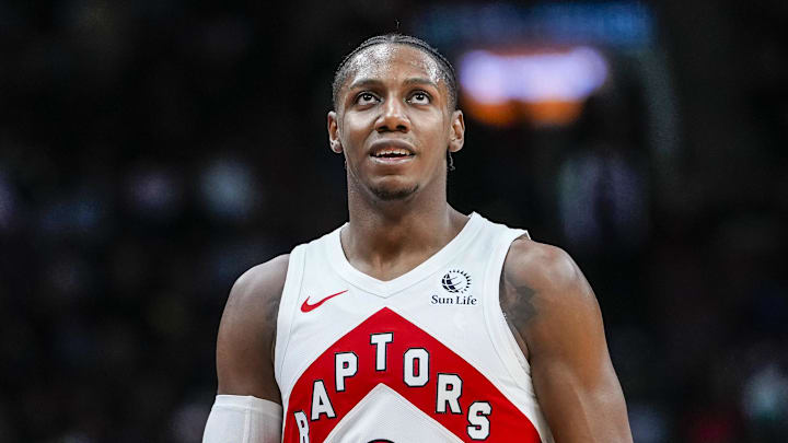 Oct 17, 2025; Toronto, Ontario, CAN; Toronto Raptors forward/guard RJ Barrett (9) looks on against the Brooklyn Nets during the second half at Scotiabank Arena. Mandatory Credit: Kevin Sousa-Imagn Images