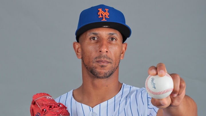 Feb 20, 2025; Port St. Lucie, FL, USA; New York Mets pitcher Anthony Gose (99) poses for a photo during picture day at Clover Park. Mandatory Credit: Sam Navarro-Imagn Images