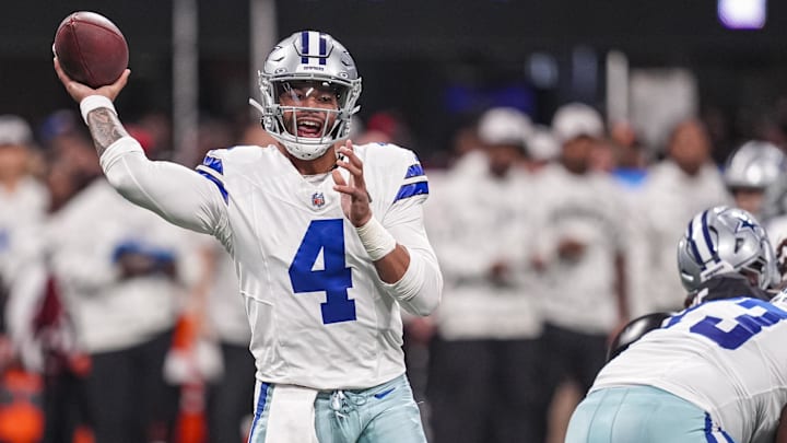 Dallas Cowboys quarterback Dak Prescott throws a pass against the Atlanta Falcons during the second half at Mercedes-Benz Stadium.