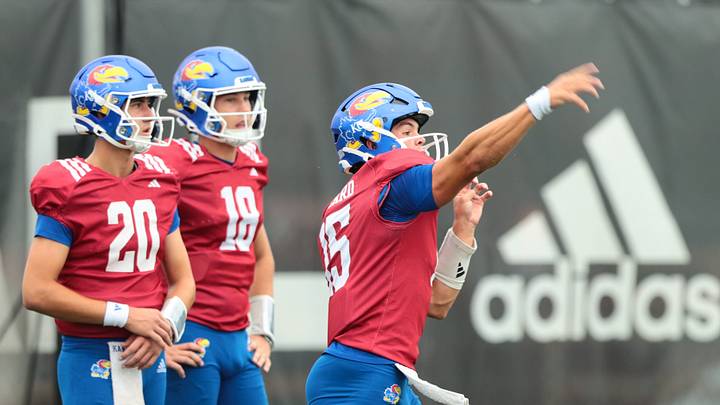 Kansas redshirt junior quarterback Cole Ballard (15) throws a pass during practice at The University of Kansas on Aug. 6, 2026. Kansas redshirt junior quarterback Cole Ballard (15) throws a pass during practice at The University of Kansas on Aug. 6, 2026.