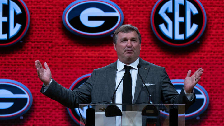 Georgia Head Coach Kirby Smart speaks at the 2023 SEC Football Kickoff Media Days at the Nashville Grand Hyatt on Broadway, Tuesday, July 18, 2023.