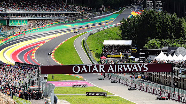 Fernando Alonso of Spain driving the (14) Aston Martin AMR23 Mercedes leads Daniel Ricciardo of Australia driving the (3) Scuderia AlphaTauri AT04 on track during the F1 Grand Prix of Belgium at Circuit de Spa-Francorchamps on July 30, 2023 in Spa, Belgium. (Photo by Peter Fox/Getty Images)