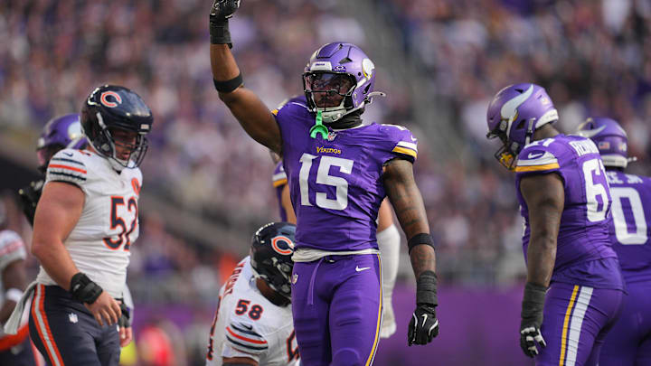 Nov 16, 2025; Minneapolis, Minnesota, USA; Minnesota Vikings linebacker Dallas Turner (15) reacts after a tackle during the first quarter against the Minnesota Vikings at U.S. Bank Stadium.