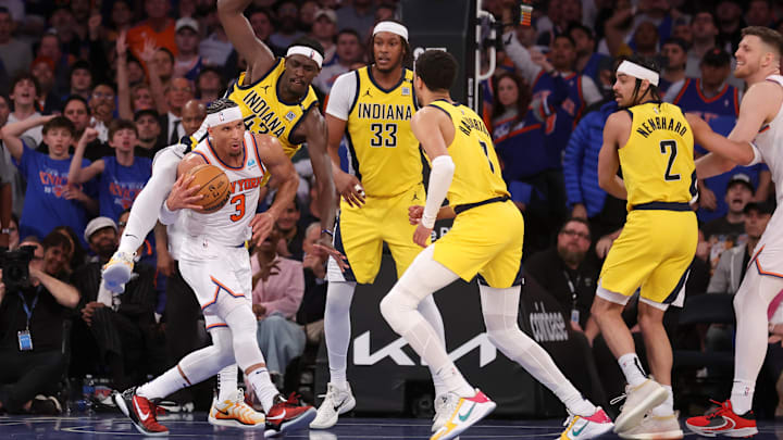 May 6, 2024; New York, New York, USA; New York Knicks guard Josh Hart (3) is fouled by Indiana