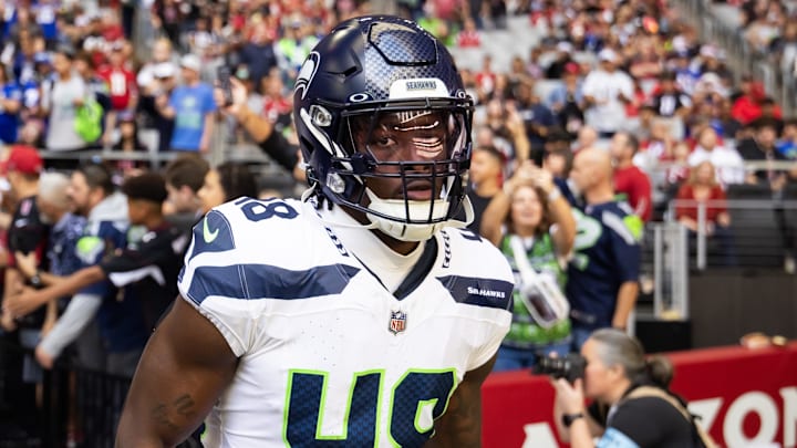 Dec 8, 2024; Glendale, Arizona, USA; Seattle Seahawks linebacker Tyrice Knight (48) against the Arizona Cardinals at State Farm Stadium. Mandatory Credit: Mark J. Rebilas-Imagn Images