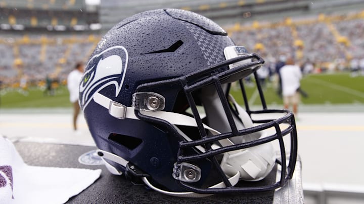 Aug 26, 2023; Green Bay, Wisconsin, USA; A Seattle Seahawks helmet sits on the sidelines during warmups prior to the game against the Green Bay Packers at Lambeau Field. Mandatory Credit: Jeff Hanisch-Imagn Images Aug 26, 2023; Green Bay, Wisconsin, USA; A Seattle Seahawks helmet sits on the sidelines during warmups prior to the game against the Green Bay Packers at Lambeau Field. Mandatory Credit: Jeff Hanisch-Imagn Images