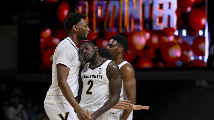Jan 10, 2026; Nashville, Tennessee, USA; Vanderbilt Commodores guard Duke Miles (2) celebrates a made three with forward Jalen Washington (13) against the Louisiana State Tigers during the first half at Memorial Gymnasium. Mandatory Credit: Steve Roberts-Imagn Images Jan 10, 2026; Nashville, Tennessee, USA; Vanderbilt Commodores guard Duke Miles (2) celebrates a made three with forward Jalen Washington (13) against the Louisiana State Tigers during the first half at Memorial Gymnasium. Mandatory Credit: Steve Roberts-Imagn Images