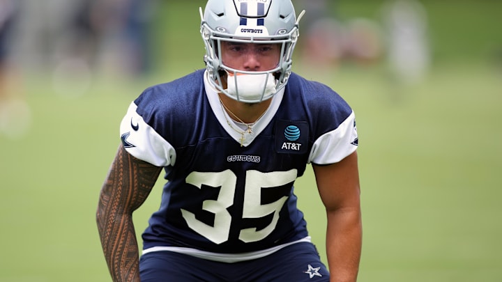 Dallas Cowboys linebacker Marist Liufau goes through drills during practice at the Ford Center at the Star Training Facility