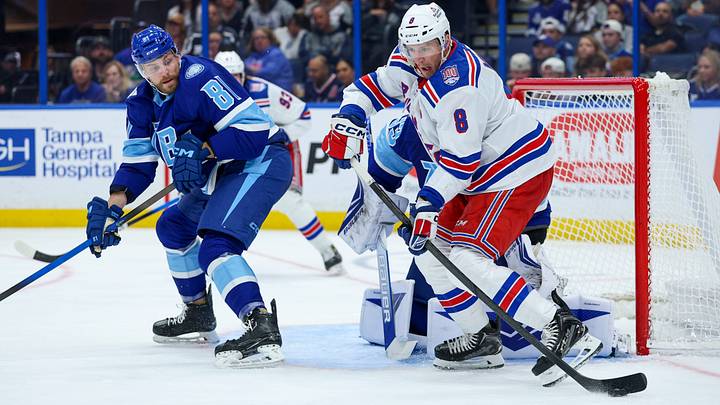 Apr 15, 2026; Tampa, Florida, USA; New York Rangers center J.T. Miller (8) controls the puck against the Tampa Bay Lightning in the second period at Benchmark International Arena. Mandatory Credit: Nathan Ray Seebeck-Imagn Images Apr 15, 2026; Tampa, Florida, USA; New York Rangers center J.T. Miller (8) controls the puck against the Tampa Bay Lightning in the second period at Benchmark International Arena. Mandatory Credit: Nathan Ray Seebeck-Imagn Images