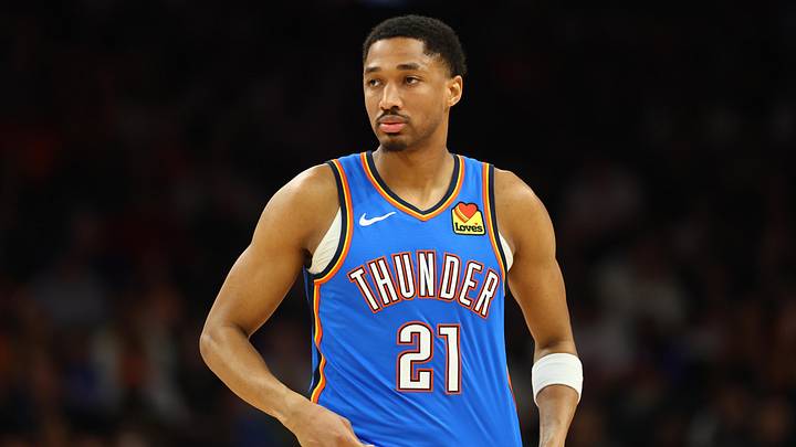 Apr 27, 2026; Phoenix, Arizona, USA; Oklahoma City Thunder guard Aaron Wiggins (21) against the Phoenix Suns during game four of the first round of the 2026 NBA Playoffs at Mortgage Matchup Center. Mandatory Credit: Mark J. Rebilas-Imagn Images