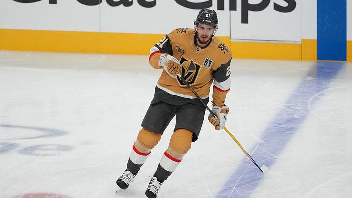 Jun 14, 2026; Las Vegas, Nevada, USA; Vegas Golden Knights center Brett Howden (21) warms up before a game against the Carolina Hurricanes in game six of the 2026 Stanley Cup Final at T-Mobile Arena. Mandatory Credit: Lucas Peltier-Imagn Images