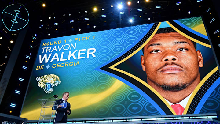 Apr 28, 2022; Las Vegas, NV, USA; Georgia defensive end Travon Walker is announced as the first overall pick to the Jacksonville Jaguars during the first round of the 2022 NFL Draft at the NFL Draft Theater. Apr 28, 2022; Las Vegas, NV, USA; Georgia defensive end Travon Walker is announced as the first overall pick to the Jacksonville Jaguars during the first round of the 2022 NFL Draft at the NFL Draft Theater.