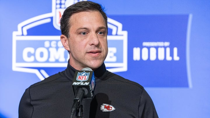 Feb 28, 2023; Indianapolis, IN, USA; Kansas City Chiefs general manager Brett Veach speaks to the press at the NFL Combine at Lucas Oil Stadium. Mandatory Credit: Trevor Ruszkowski-Imagn Images
