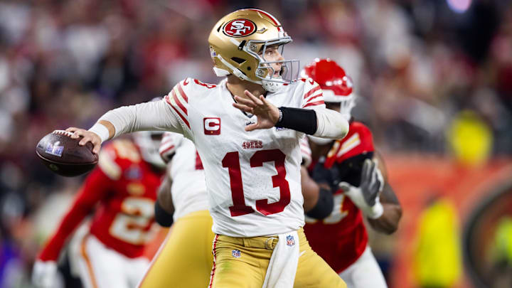 Feb 11, 2024; Paradise, Nevada, USA; San Francisco 49ers quarterback Brock Purdy (13) throws a pass against the Kansas City Chiefs in the second half in Super Bowl LVIII at Allegiant Stadium. Mandatory Credit: Mark J. Rebilas-Imagn Images