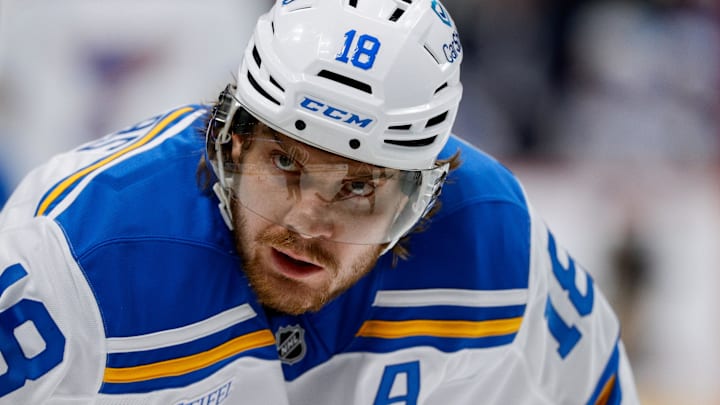 Dec 31, 2025; Denver, Colorado, USA; St. Louis Blues center Robert Thomas (18) in the third period against the Colorado Avalanche at Ball Arena. Mandatory Credit: Isaiah J. Downing-Imagn Images