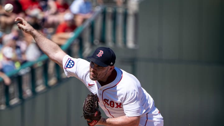 Mar 2, 2025; Fort Myers, Florida, USA; Boston Red Sox Liam Hendriks (31) pitching during the third inning of their game with the New York Mets at JetBlue Park at Fenway South. Mandatory Credit: Chris Tilley-Imagn Images Mar 2, 2025; Fort Myers, Florida, USA; Boston Red Sox Liam Hendriks (31) pitching during the third inning of their game with the New York Mets at JetBlue Park at Fenway South. Mandatory Credit: Chris Tilley-Imagn Images