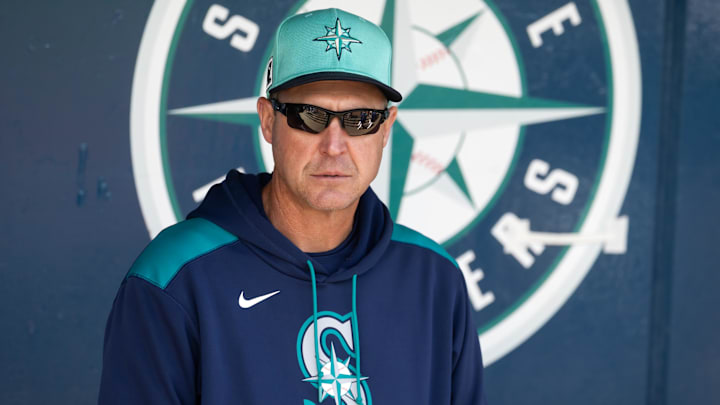 Seattle Mariners manager Dan Wilson looks on during a spring training game against the San Diego Padres on March 15 at Peoria Sports Complex. Seattle Mariners manager Dan Wilson looks on during a spring training game against the San Diego Padres on March 15 at Peoria Sports Complex.