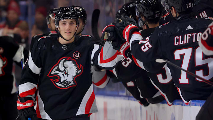 Jan 11, 2024; Buffalo, New York, USA;  Buffalo Sabres center Peyton Krebs (19) celebrates his goal
