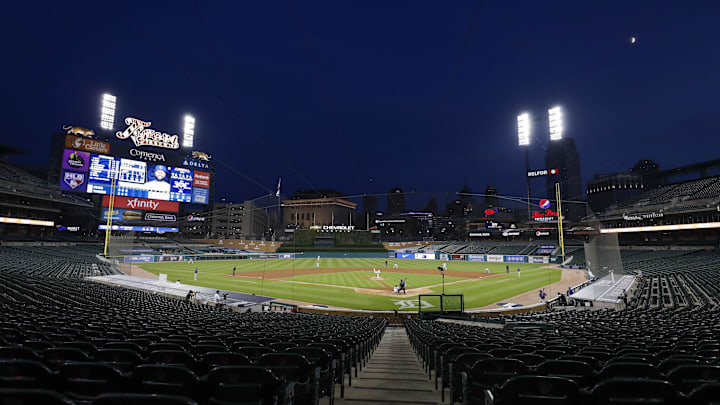 Aug 25, 2020; Detroit, Michigan, USA; A wide view from behind home plate as Detroit Tigers starting pitcher Spencer Turnbull (56) pitches to Chicago Cubs right fielder Jason Heyward (22) during the fourth inning at Comerica Park. Aug 25, 2020; Detroit, Michigan, USA; A wide view from behind home plate as Detroit Tigers starting pitcher Spencer Turnbull (56) pitches to Chicago Cubs right fielder Jason Heyward (22) during the fourth inning at Comerica Park.