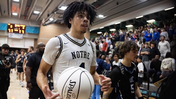 Jan 4, 2025; Gilbert, AZ, USA; Notre Dame High School (CA) forward Tyran Stokes (4) against Sandra Day O'Connor (AZ) during the Hoophall West High School Invitational at Highland High School. Mandatory Credit: Mark J. Rebilas-Imagn Images Jan 4, 2025; Gilbert, AZ, USA; Notre Dame High School (CA) forward Tyran Stokes (4) against Sandra Day O'Connor (AZ) during the Hoophall West High School Invitational at Highland High School. Mandatory Credit: Mark J. Rebilas-Imagn Images