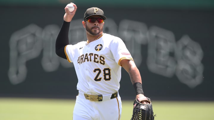Aug 10, 2025; Pittsburgh, Pennsylvania, USA;  Pittsburgh Pirates left fielder Tommy Pham (28) warms up before the game against the Cincinnati Reds at PNC Park. Mandatory Credit: Charles LeClaire-Imagn Images