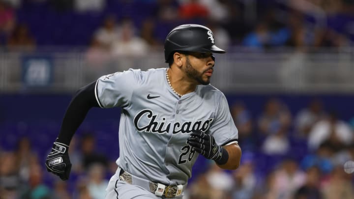 Jul 5, 2024; Miami, Florida, USA; Chicago White Sox right fielder Tommy Pham (28) runs toward first base after hitting a single against the Miami Marlins during the seventh inning at loanDepot Park.