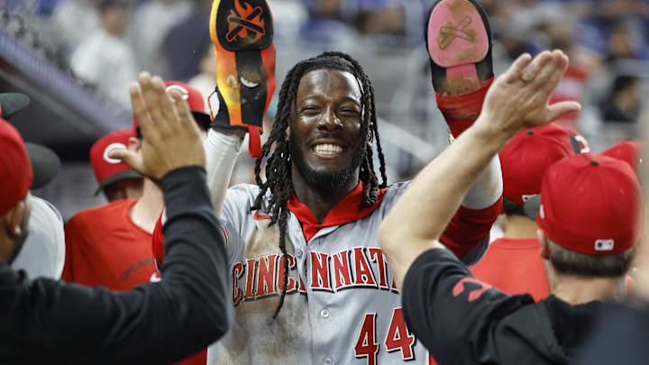 Apr 7, 2026; Miami, Florida, USA;  Cincinnati Reds shortstop Elly de la Cruz (44) celebrates in the dugout with teammates after scoring against the Miami Marlins during the ninth inning at loanDepot Park. Mandatory Credit: Rhona Wise-Imagn Images