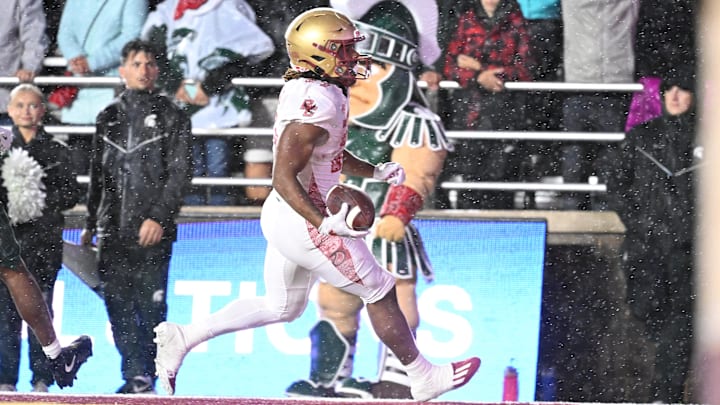 Sep 21, 2024; Chestnut Hill, Massachusetts, USA; Boston College Eagles running back Turbo Richard (27) scores a touchdown against the Michigan State Spartans during the first half at Alumni Stadium. Mandatory Credit: Eric Canha-Imagn Images Sep 21, 2024; Chestnut Hill, Massachusetts, USA; Boston College Eagles running back Turbo Richard (27) scores a touchdown against the Michigan State Spartans during the first half at Alumni Stadium. Mandatory Credit: Eric Canha-Imagn Images