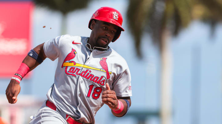 Feb 22, 2026; West Palm Beach, Florida, USA; St. Louis Cardinals right fielder Jordan Walker (18) runs past third base against the Houston Astros during the third inning at CACTI Park of the Palm Beaches. Mandatory Credit: Sam Navarro-Imagn Images