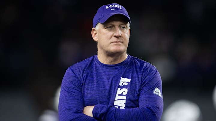 Dec 26, 2024; Phoenix, AZ, USA; Kansas State Wildcats head coach Chris Klieman prior to the game against the Rutgers Scarlet Knights during the Rate Bowl at Chase Field. Mandatory Credit: Mark J. Rebilas-Imagn Images